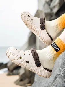 Men's Closed Toe Anti-Kick Sport Clogs, Light Gray, Tire Tread Non-Slip Sole, Fixed Decorative Strap, Full Upper Breathable Hollow-Out, Thick Chunky Sole, Comfortable Shoes for All-Day Wear