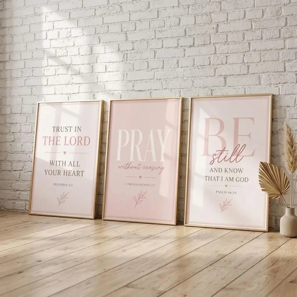 Pink Christian No-Frame Wall Art Prints, Feminine Bible Verse Set of 3, Coquette Home Decor with Be Still-Pray-Trust in the Lord Themes