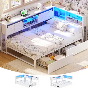 L Shaped Bed Frame, Corner Bed Frame with 2 Drawer & Bookcase, Twin Daybed with Power Outlet & LED, Reversible Farmhouse Twin Day Bed Frame with Sliding Door for Bedroom, Living Room, Guest Room