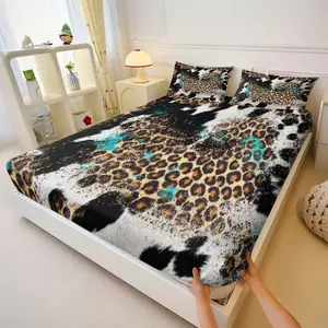 Trendy Grunge Turquoise Leopard Print Fitted Sheet Sets,Vintage Distressed Animal Print Bed Sheet Sets,Includes 1 Fitted Sheet & 2 Pillowcases,Deep Pocket Soft All-Season Bedding for Bedroom Dorm Decor,Great Gift for Western Home Decor Lovers