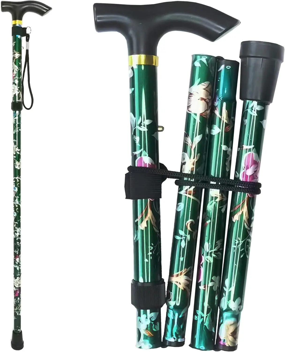 HALLOWEEN GIFT Floral Folding Walking Cane – Lightweight Adjustable Walking Stick for Men & Women, Collapsible Aluminum Mobility Aid with T-Handle & Wrist Strap