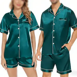 2 Pack Couple Satin Pajama Sets Short Sleeve Casual Loungewear Comfortable Nightwear for Valentine's Day Anniversary Homewear