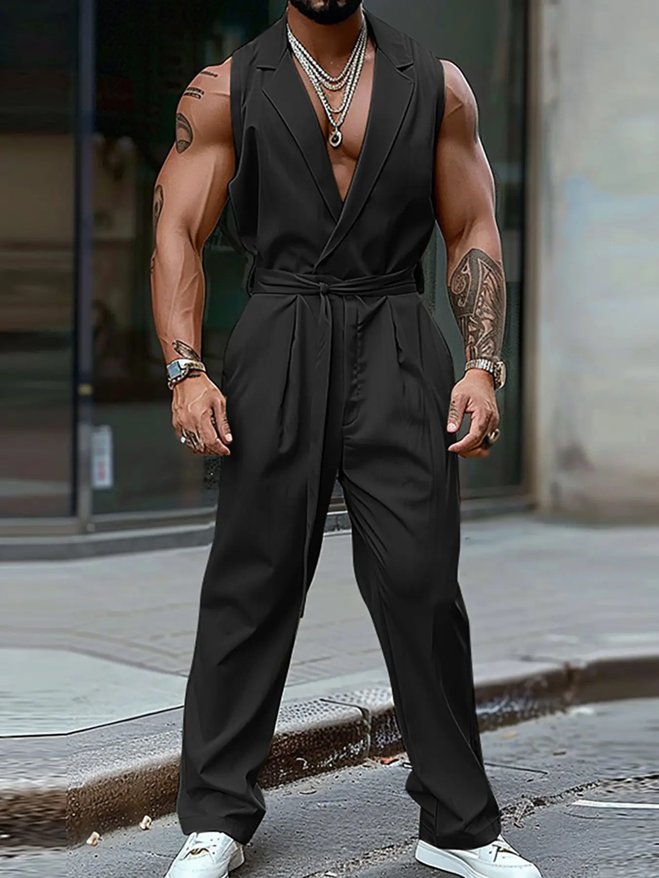 INCERUN Men's Fashion Simple Jumpsuit, Street Fashion Jumpsuit, Solid Color Sleeveless Waist-Centric Romper, Perfect for Daily Wear