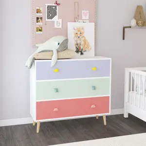 Modern Nightstand with 3 Drawer, Wooden Bedside Table for Kids Room, Toddler Childs Storage Cabinet with Euro Glides, Safety Anti-Tip Design, Easy Assembly, Colorful Finish, 2026 Upgrade (Colorful)