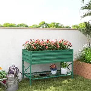 Galvanized Raised Garden Bed with Legs - with Storage Shelf - Green