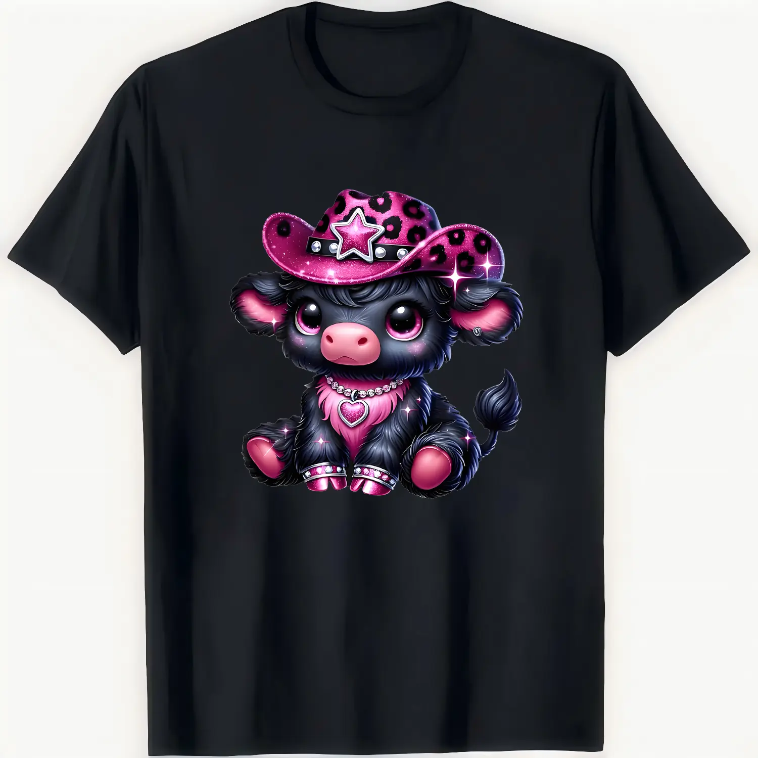 Women's Plus Size Cotton T-shirt casual Highland Cattle graphic soft short sleeve crew neck with pink glitter cow print
