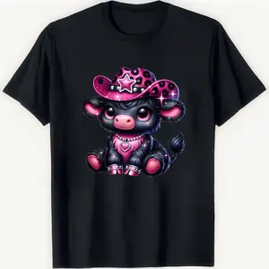 Women's Plus Size Cotton T-shirt casual Highland Cattle graphic soft short sleeve crew neck with pink glitter cow print