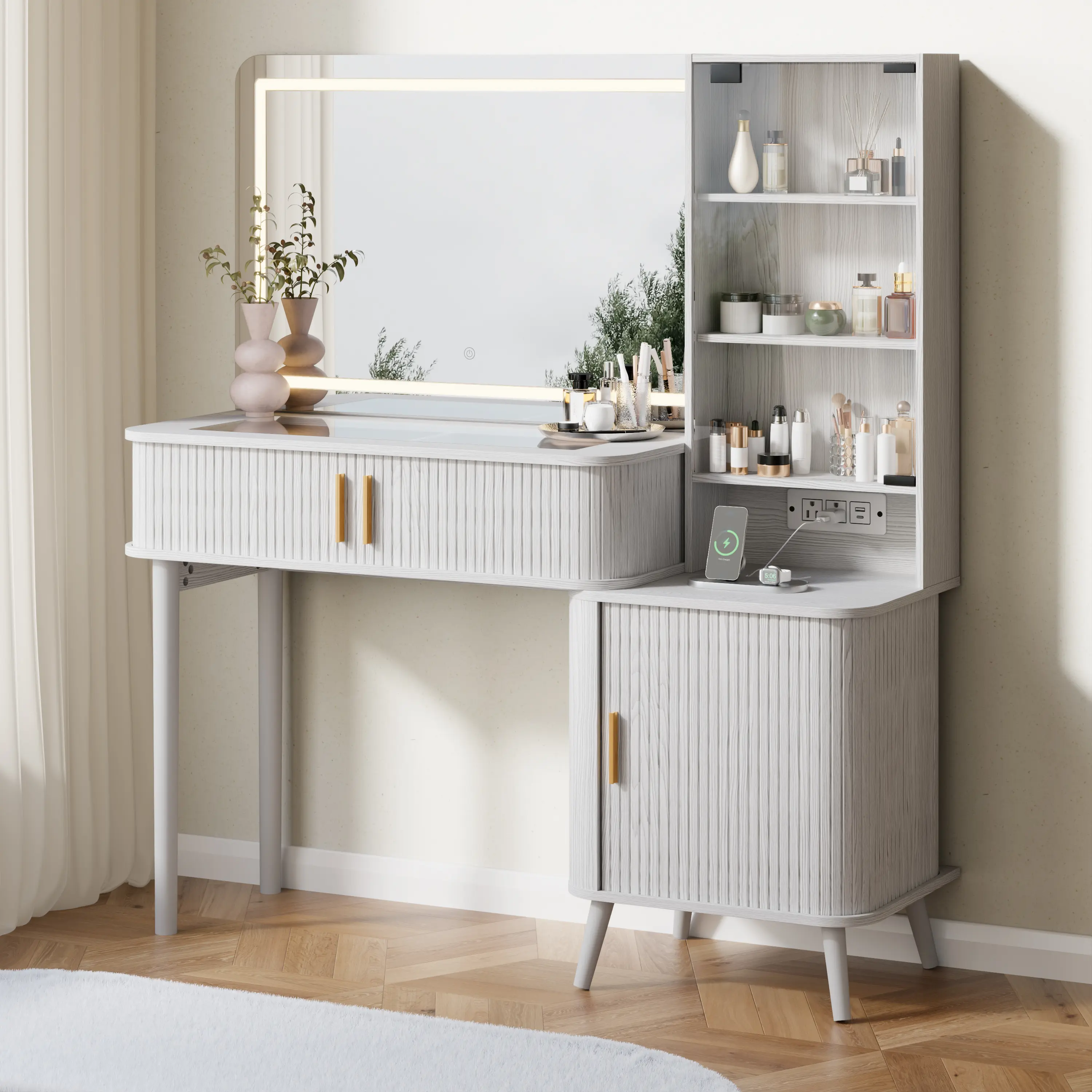 【LED lights transparent display case】DHH 51" Fluted Makeup Vanity Desk  vanity with mirror 3-Color Lighted, Mid-Century Modern Clear Glass Top Dressing Table with Charging Station, Sliding Door & Push-to-Open Cabinet campingessentials
