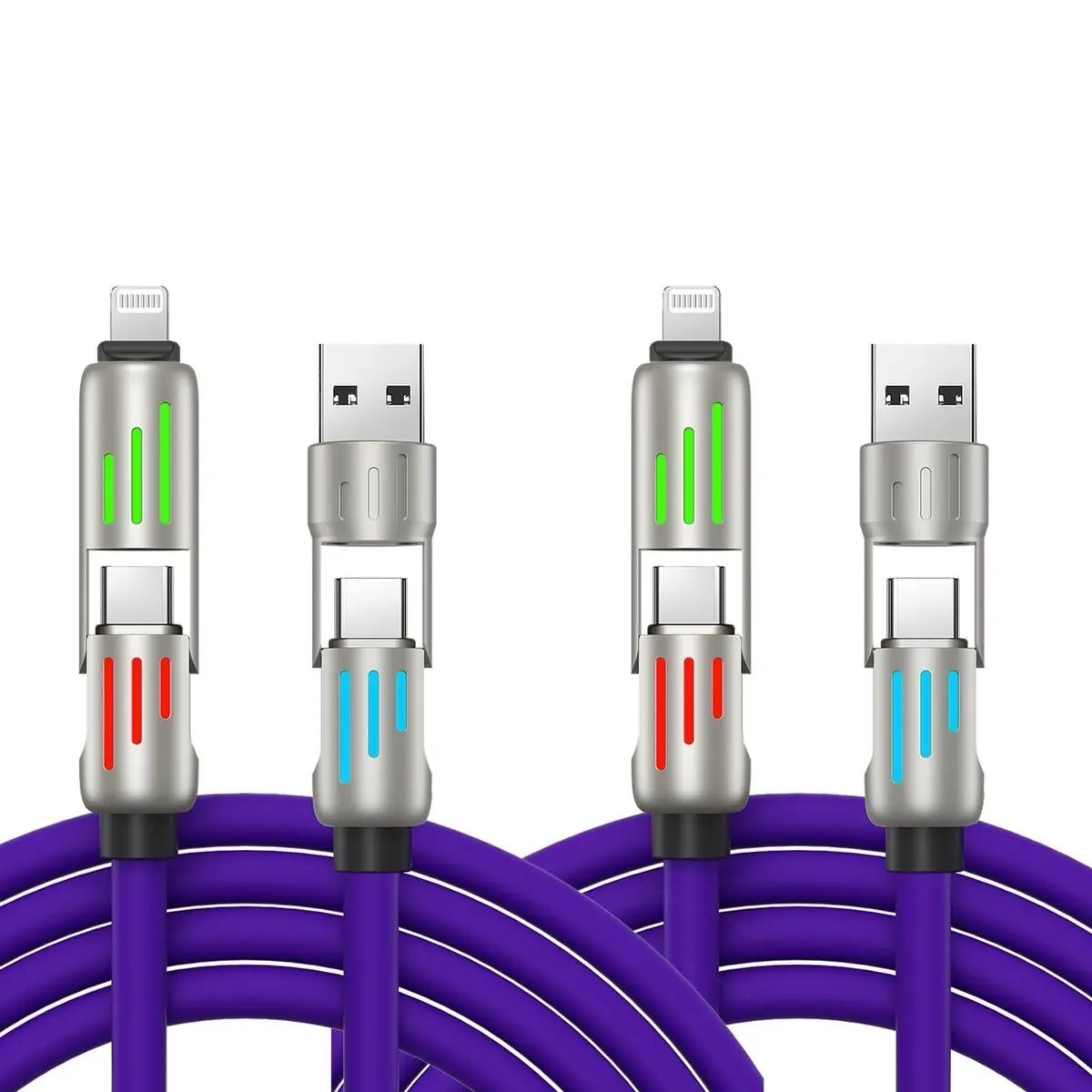 Durable 4 in 1 Lighting and Data Charging Cable for Apple Smartphones and USB-C Devices- Steel Heads not Plastic - Great Electronic Gift for Cellphones lovers