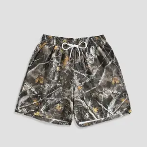 Retree Camo Tree Print Board Shorts, Casual Summer Streetwear Shorts with Pockets, Breathable Lightweight Beach Swim Shorts for Men