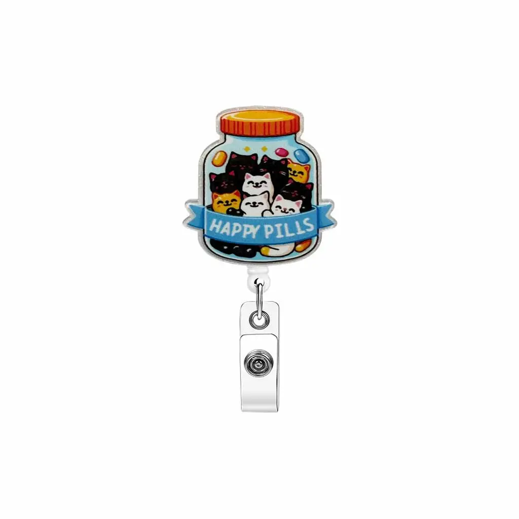 1PC Fun Cat Jar Happy Pill Easy Pull Buckle, a fun cat jar marked "HAPPY PILLS", as if full of happiness, the easy pull buckle can flexibly access the certificate, adding cuteness and healing to daily life.