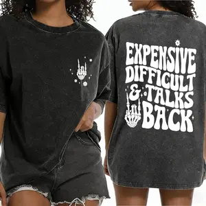 Vintage Washed Skeleton Hand Tee with ‘Expensive, Difficult & Talks Back’ Quote – Retro Short Sleeve Crewneck Top, Casual Street & Travel Outfit