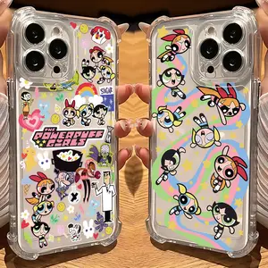 Cute Powerpuff Girls Silicone-TPU-Polycarbonate Smartphone Case, Customized Shockproof Transparent Cover for iPhone 11-17 Pro Max Plus, Mobile Device Accessory