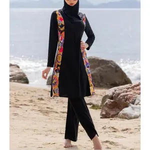 Women's Ethnic Pattern Long Sleeve Swim Top & Swim Pants & Hijab, Modesty Tight-fitting Three-piece Set, Casual Muslim Islamic Swimwear for Beach Vacation, Modest Swimsuits
