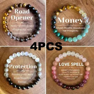 4Pcs/Set Natural Sea Sediment Bead Energy Balancing Bracelet Bohemian Tiger's Eye Stone Crystal Jewelry Unisex Luck Amethyst, Citrine, Rainbow Obsidian Bracelet Jewelry Elastic Stretch Wristband Beaded Bracelet Wedding Party Gift