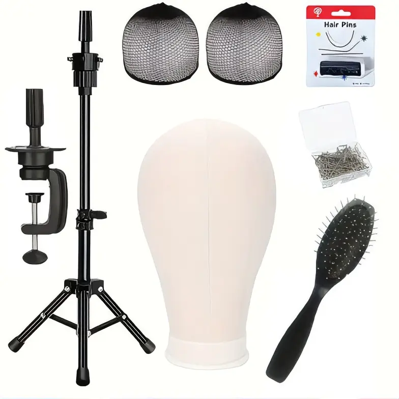 23 In Canvas Wig Mannequin Head with Tripod Stand & Table Clamp, Mannequin Heads Kit Including Wig Caps, T-Pins & Hair Brush for Styling, Display & Hair Extensions Training