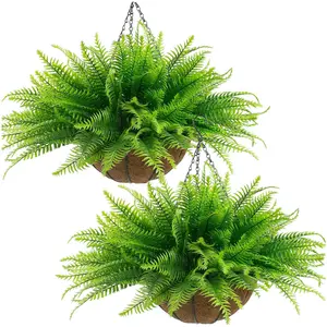 Fake fern plant basket, 2 artificial hanging plants, 2 hanging flower pots, with 24 leaves, suitable for indoor and outdoor decoration of front porch, garden, balcony, courtyard and home decoration, Hanging Baskets (2, light green)