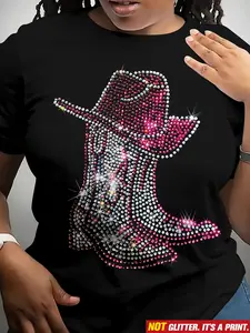 0223Gwen Visual Women'S Casual Short Sleeve T-Shirt - Round Neck - Western Cowboy Boot Print - Machine Washable - Perfect for Summer