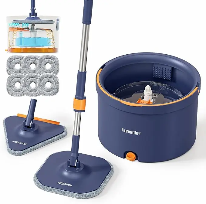 Homettler Easy Wring Long-Handled Wet/Dry Spin Mop and Bucket Set - Separate Dirty Water System, Deep-Cleaning Home Floor & Wall Tool, 6 Pads, Stainless Steel Adjustable, No Hand Washing, Microfiber Towel, Ideal Christmas Gift