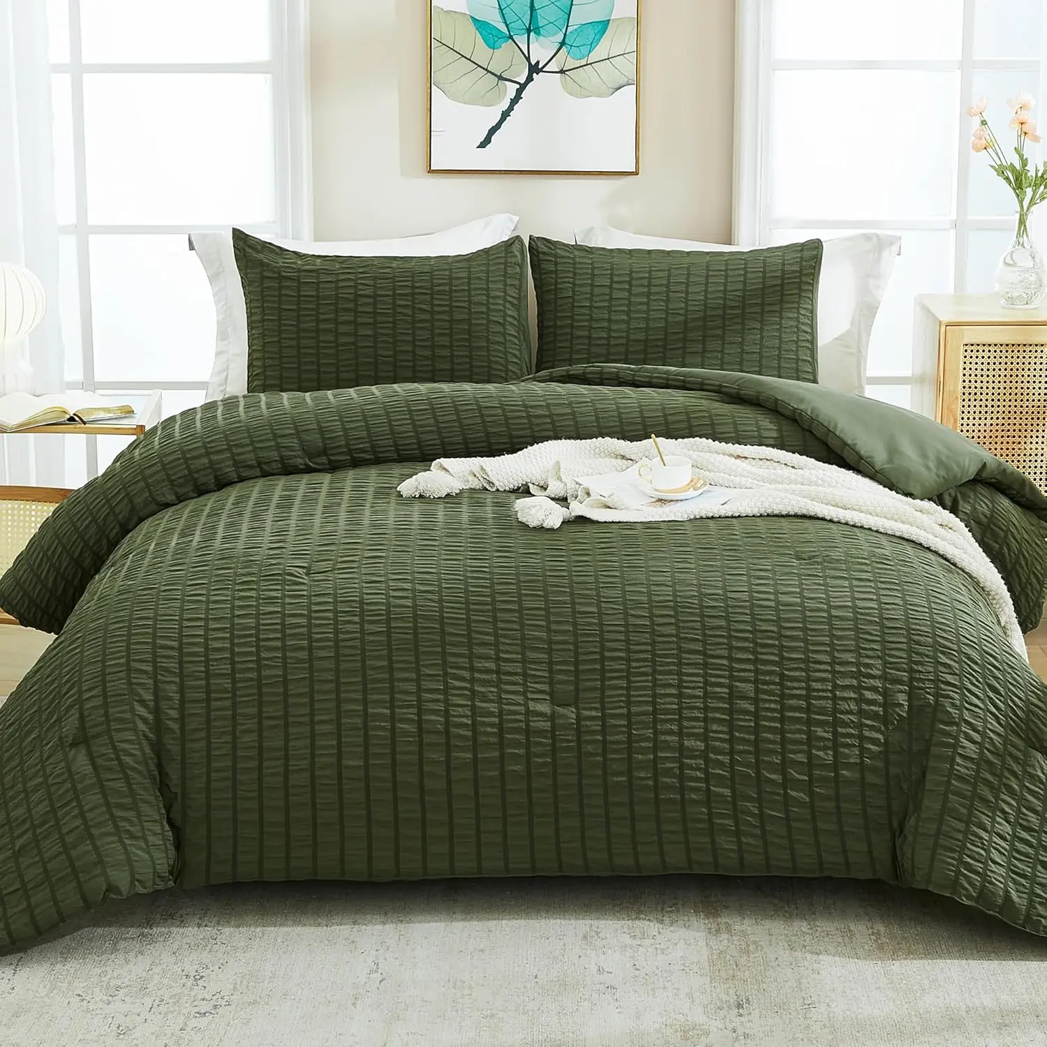 Dark Olive Green Seersucker Twin Comforter Set (68x90 in) - 2-Piece Durable Bedding with 100% Washed Microfibre Soft Fabric, 1 Pillowcase, 300 GSM Down Alternative Filling, Machine Washable