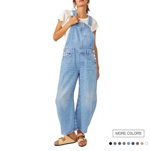 Danedvi Women's Polyester-Cotton Denim Bib Overalls - Strappy, Adjustable Straps, Functional Pockets, Barrel Leg Baggy Jumpsuits, Casual Overalls for Women, Blue Strappy Overalls