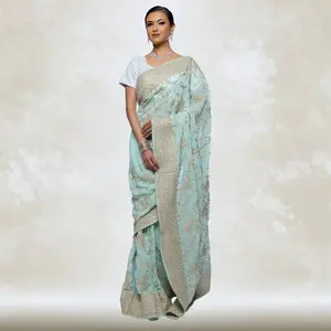 Green georgette saree with gold embroidery