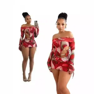 two-piecesetwomanPerspectiveStyleSlashNeckLongSleevePrintSkirtSuitsHollowOutBirthdayBeach2TwoPieceSetsLightWomenswearCheckGamistracksuityogagymClothesRedShort