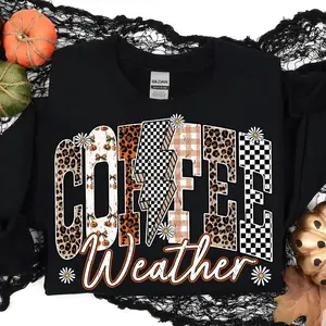 Retro Coffee Weather Sweatshirt, Retro Checkered Fall Sweatshirt, Varsity Fall Crewneck, Coffee Weather Leopard Print Sweatshirt, Trendy Autumn Womenswear