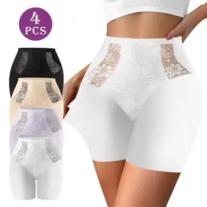 QUASTI 4-Piece High-Waisted Lace Shaping Women's Safety Pants, Double-Sided Nylon Lace Design, Breathable, Soft, Comfortable Womenswear, Silky Fabric Panties, Sizes S-XXL