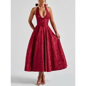 V-neck Halter Jacquard Dress, Elegant Evening Gown,Sleeveless Backless High Waist Maxi Dress