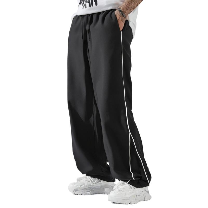 Spring and Autumn Men’s Black Side-Striped Loose Drawstring Sweatpants, Suitable for Daily Casual Wear