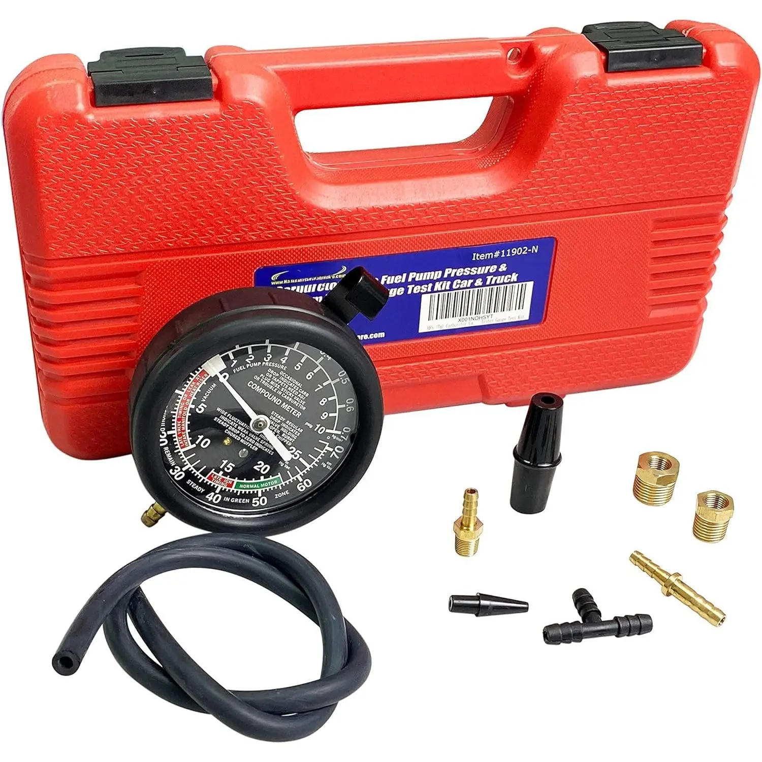 Automotive Car Pump & Vacuum Pressure Gauge Test Kit, Includes Adapters, 24" Long Vacuum Hose, 3-1/2" Diameter Gauge, Storage Box - <10PSI Output, Engine Check, Manufacturer Warranty, Test Pump Output