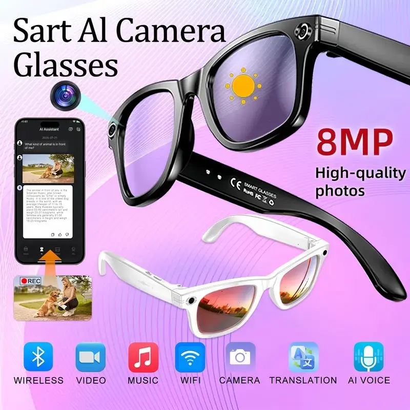 Smart AI Camera Glasses with 8MP Photochromic Lenses ,Button Touch Adjustment for Travel Outdoor Adventures Hands-Free Photography 160+Languages Real-Time Translation Bluetooth Wireless Wearable Video Recording UV Protection ,Easter gift