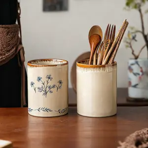 Hand-Painted Plant Pattern Ceramic Utensil Holder, Knife Fork Spoon Organizer, Vase, Makeup Brush Storage, Home Decor Item, Floral