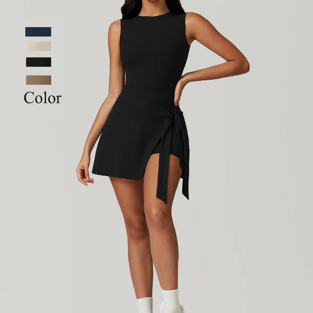Women's Solid Color High Neck Tennis Dress Long Sleeve Wrap Skirt Built-in Shorts Golf Athletic Outfit Casual Sportswear Summer Comfort - Collar gym w