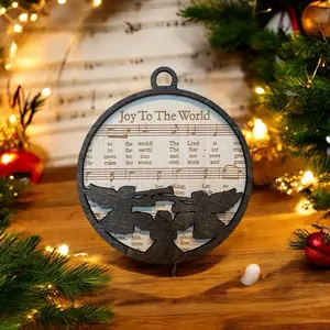 Laser Engraved Christmas Hymn Wood Ornaments Holiday Decor with Joy To The World Design and Angel Cutout