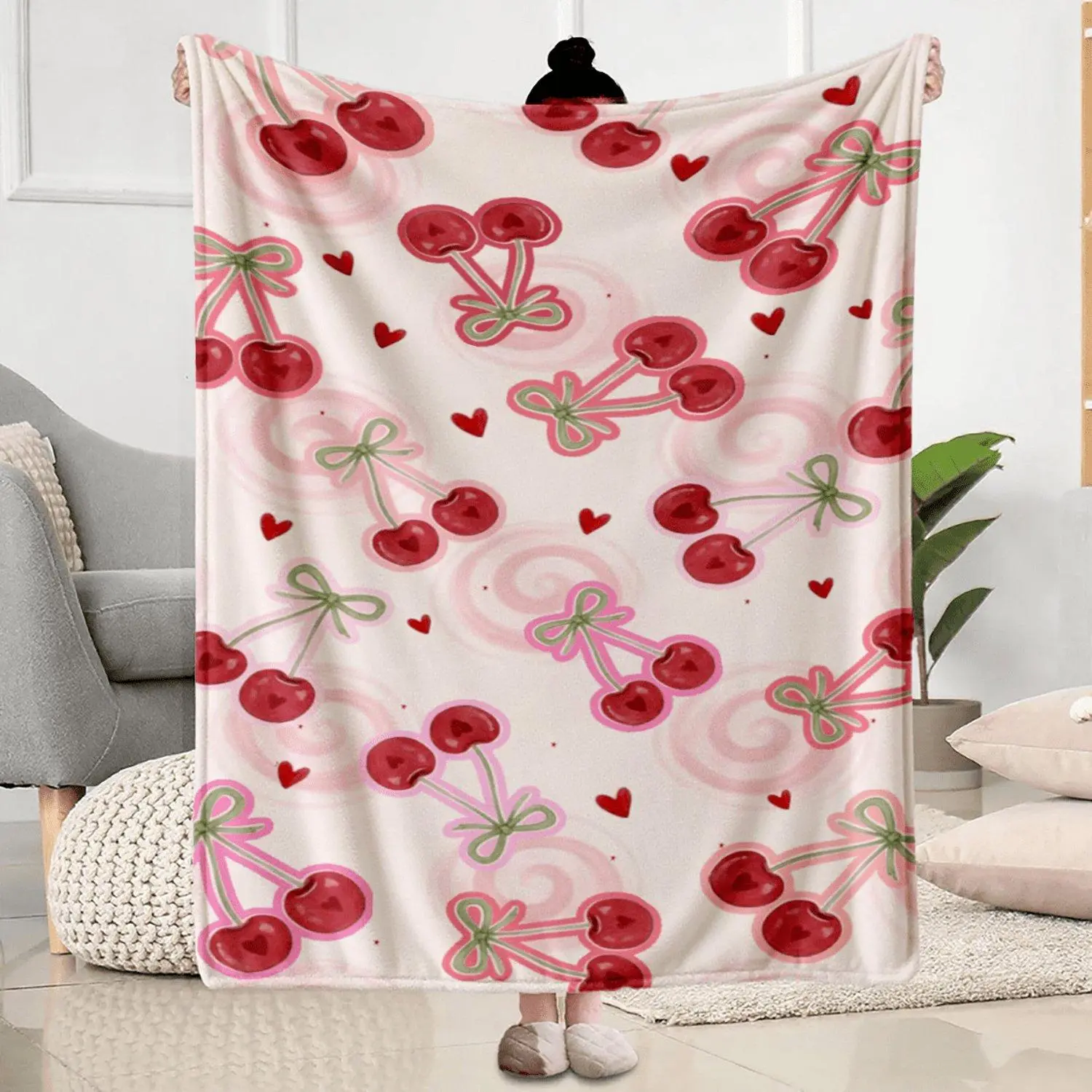 1pc Flannel Blanket with Cherry and Heart Pattern, Comfortable, Soft, and Durable, Suitable for All Seasons. Ideal for Sofa, Bed, Travel, Camping, Home Decor, and Use by Adults, Couples, and Families