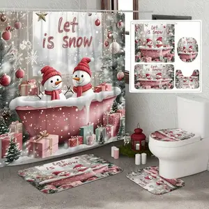 1/4pcs Snowflakes falling cute humor red and pink shower curtain set, festive design, non-slip floor mat, U-shaped carpet, toilet lid cover, perfect for bathroom decoration, partition, Bathroom Decoration Accessories with 12 shower curtain hooks