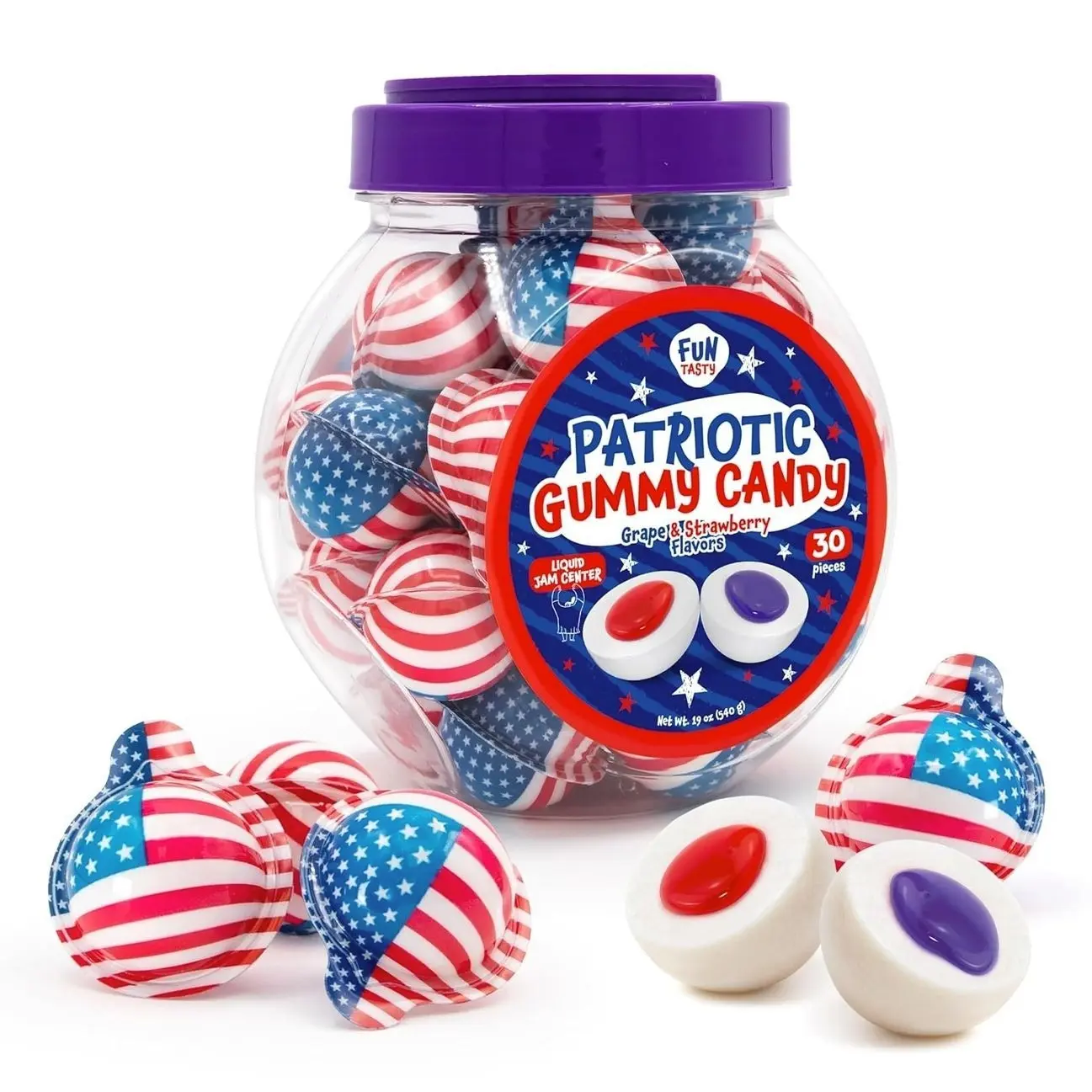 Patriotic Candy - Gummy Balls - 30 Count - 19 Oz Jar - 4th of July Candy Individually Wrapped - Red White and Blue Gummy Candies - Strawberry & Grape Jam Center