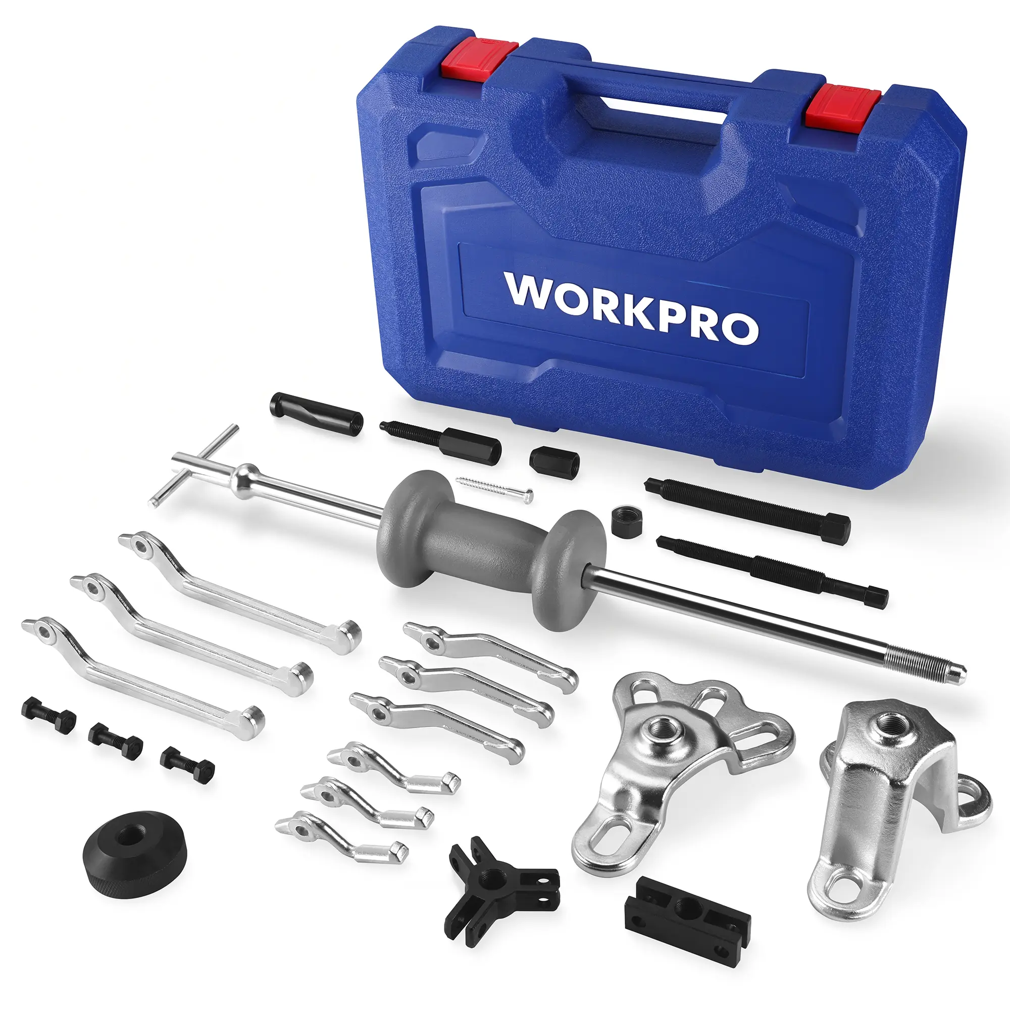 WORKPRO 9-Way Slide Hammer Puller Set, 27-Pack Slide Hammer Kit, Wheel Bearing Removal Tool for Front Hub & Rear Axle, Heavy Duty Bearing Puller Set with Carry Box