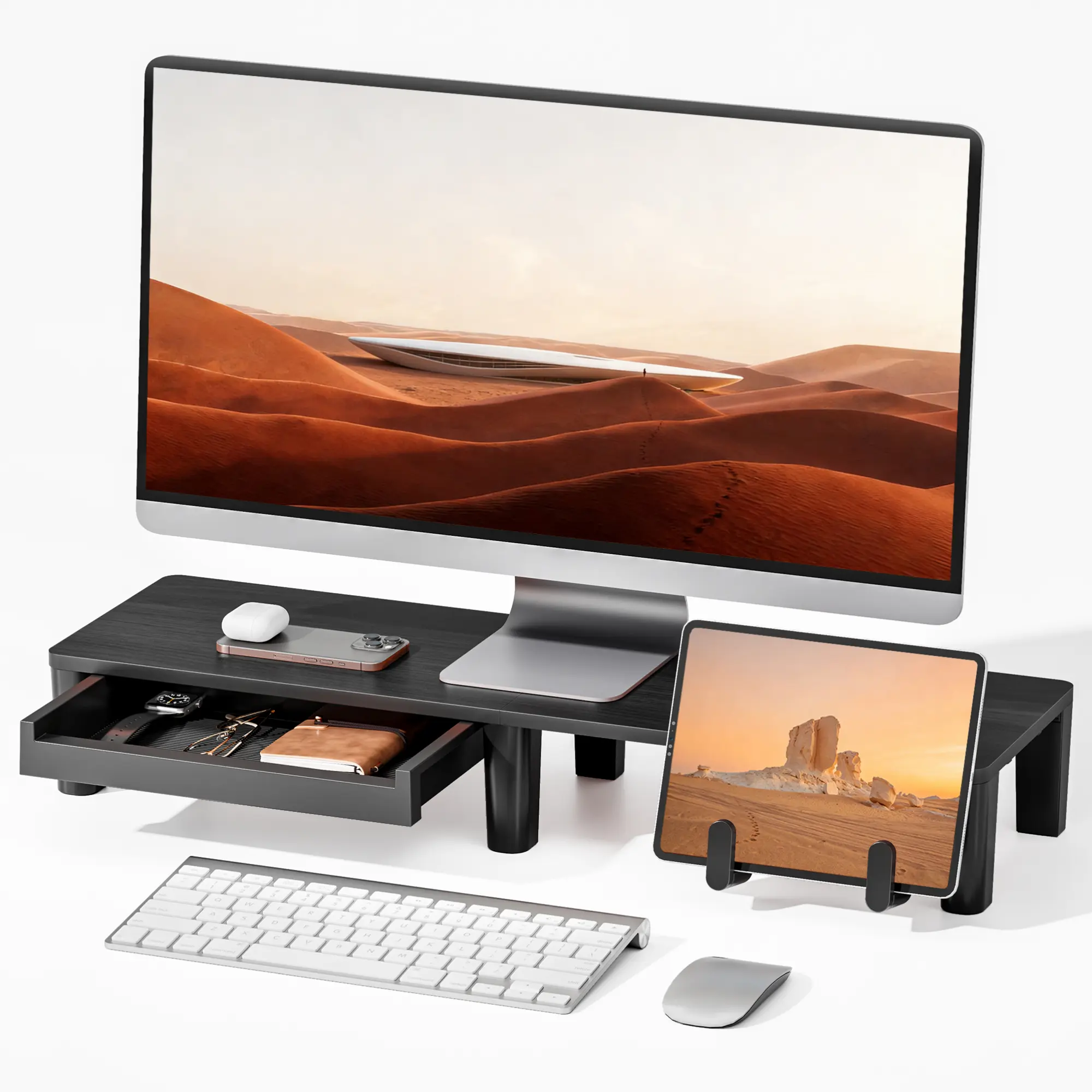 PEGZONE Heavy Duty Ergonomic Monitor Stand Riser (31.5" Width) with Storage Drawer - Quick-Release Tablet/Notebook Holder, Desk Accessories for Eye Level View & Tidy Office Workspace tiktokshopbacktoschool