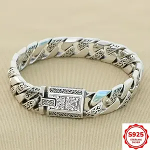 S925 SterlingSilver Men's Vintage Engraved Cuban Link Bracelet | Floral Clasp Design for Daily Wear & Gift for Father's Day, Birthday