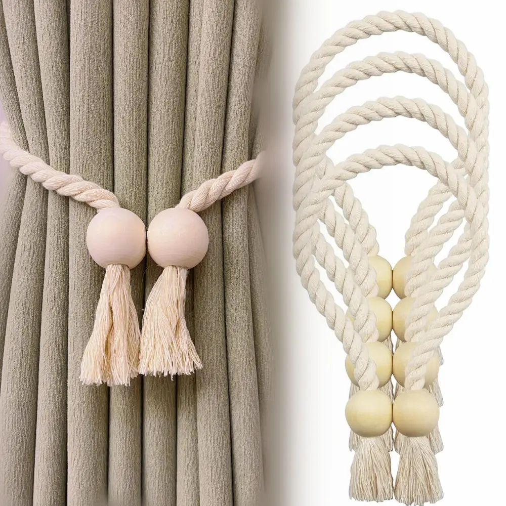 Bohemian Braids 4-Piece Pure Cotton Natural Twisted Rope Rustic Curtain Straps, Nickel-Plated Magnetic Hold, No-Punch Magnetic Buckle, Free Length Adjustment, 20.2in Long, for Bedroom Window Decor