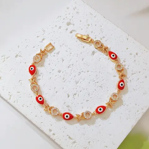 Women's 14K Gold Plated Red Evil Eye XO Link Bracelet - Enamel Lucky Charm Jewelry with Cubic Zirconia Star, Circle Detail Shine, Protection Symbol, Unique Jewelry for Daily Wear, Any Occasion, Bracelets for Women