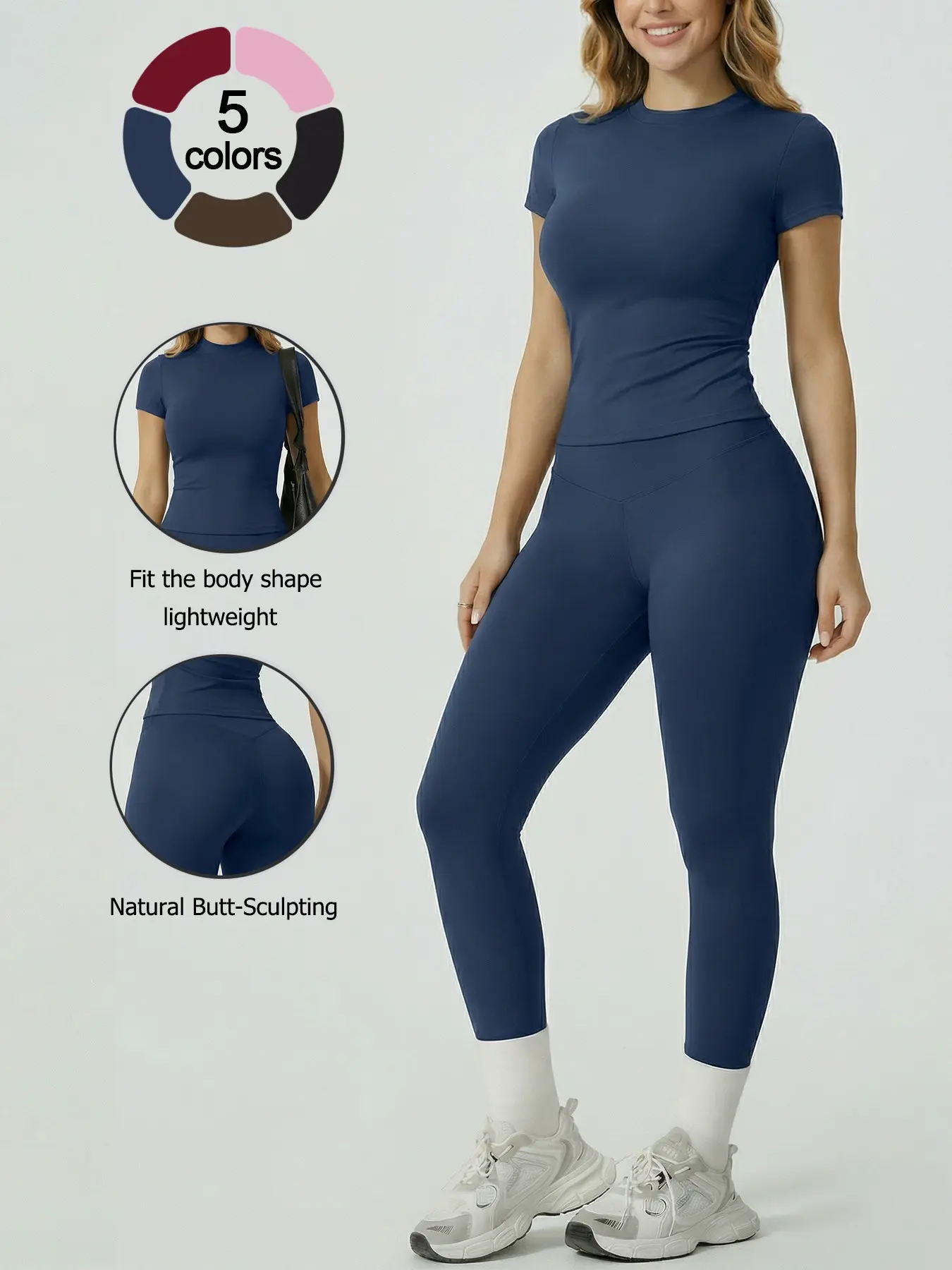 2 Piece Set Women's Loungewear Set, Fitted Yoga Set, Crew Neck Short Sleeve Long Pants Breathable Soft Nylon Fabric Butt Lifting Tummy Control Yoga Set Activewear Leggings Casual Pajamas for Home Daily Wear Going Out Shopping