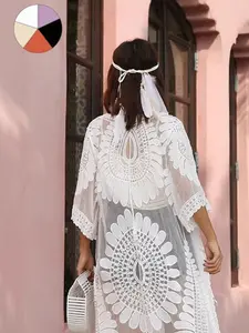 Women's Sexy Lace Knit Swimsuit Cover-Up, Transparent Mesh Beachwear with Mandala Pattern, Ideal Vacation Choice, Swimsuit Coverup