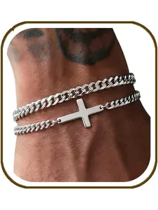 2Pcs Mens Silver Bracelet with Cross Pearl Sturdy Stainless Steel Bracelets for Men Non Tarnish Adjustable Snake Box Figaro Rope Cuban Link Bracelet Set Gifts to Men Dad Snake Chain Bracelet