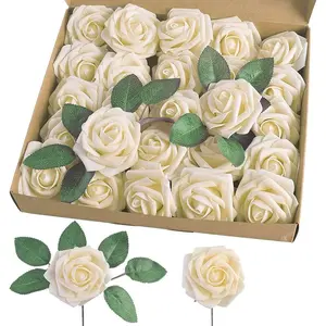 Artificial Rose, 25pcs Foam Artificial Flowers with Stem for Home Decorations, Wedding Bouquets, Party, Certerpieces, Anniversaries-Cream