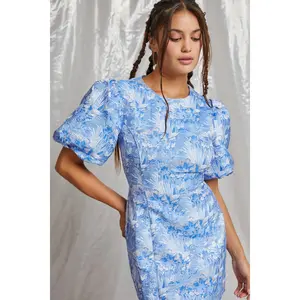 Blue Jacquard Puff Sleeve Mini Dress