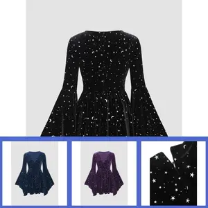 [6colors,size0-26]VelvetV-neckStar&MoonPatternBellSleeveWizardRomperCanbepairedwithwomen'swindbreakersandraincoats